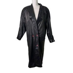 Vintage 80s 90s Charles Klein Long Black Leather Trench Coat Duster Large a4
